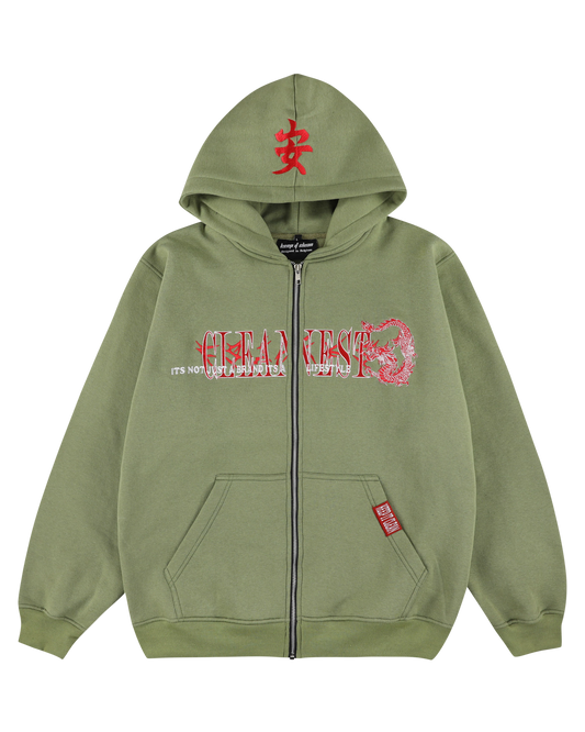 KEEP IT CLEAN -TATSU DRAGON -ZIP HOODIE BLACK OLIVE GREEN